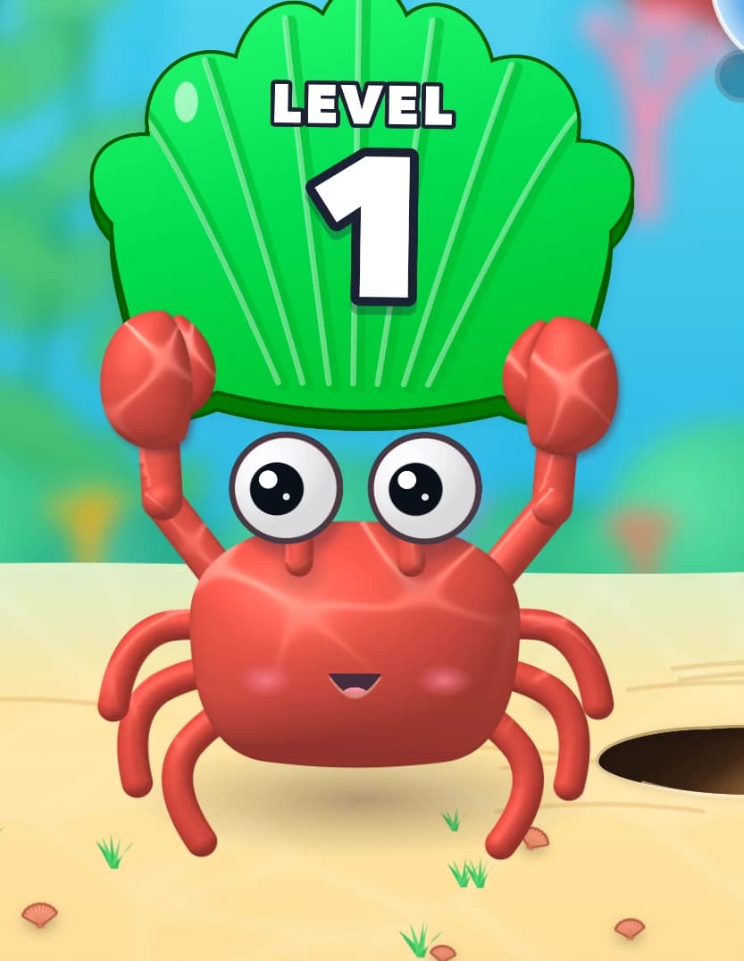 A red crab on the sand holding up a green shell sign that reads Level 1