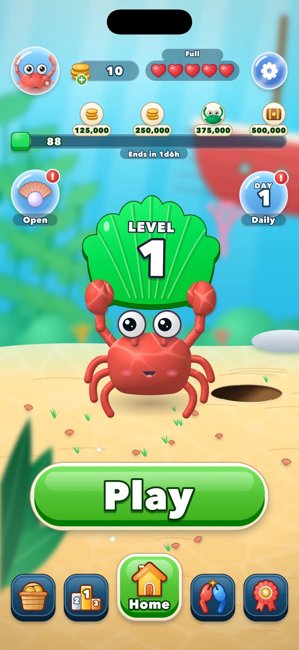 The home screen, where a red crab holds up a Level 1 sign beside the big green Play button