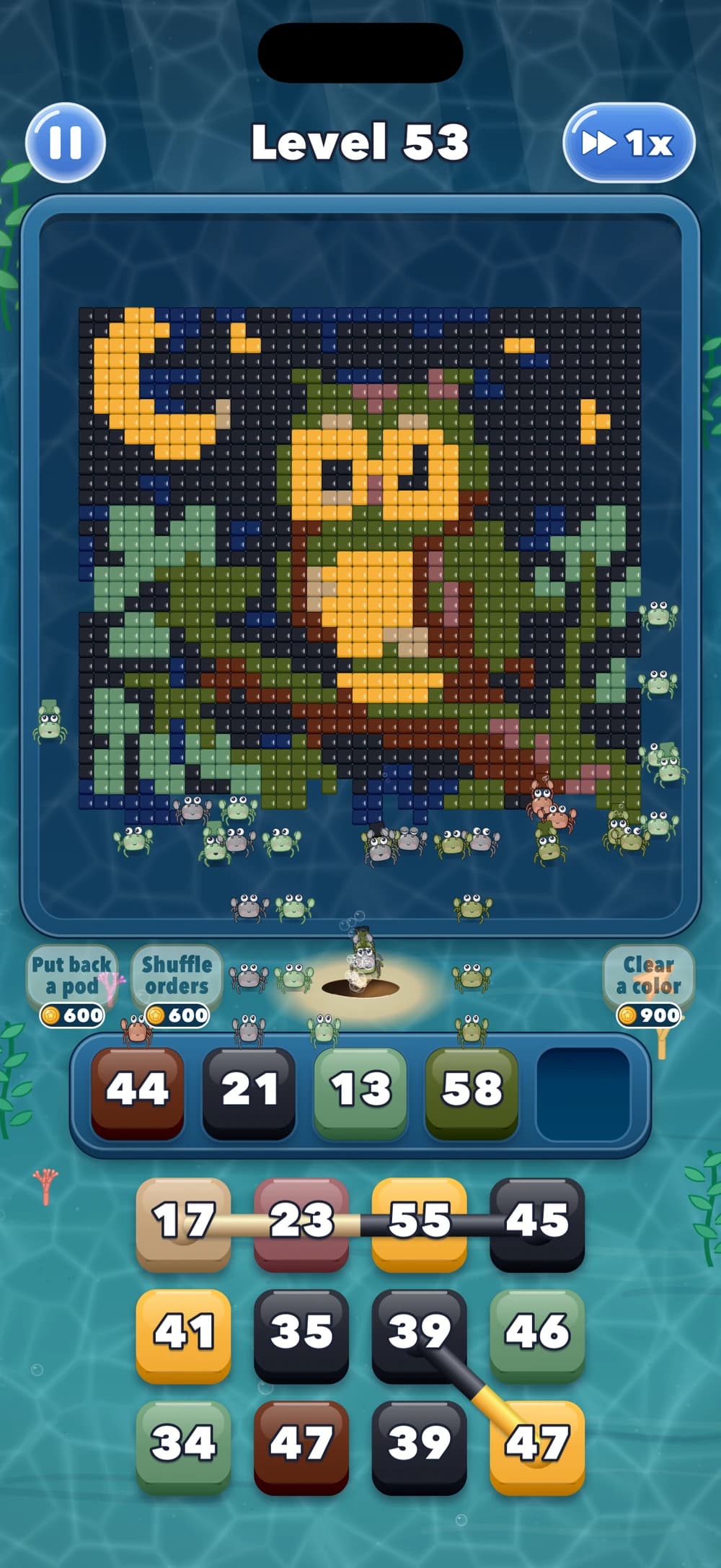 An owl under a crescent moon made of blocks, with linked orders joined by bars in the queue