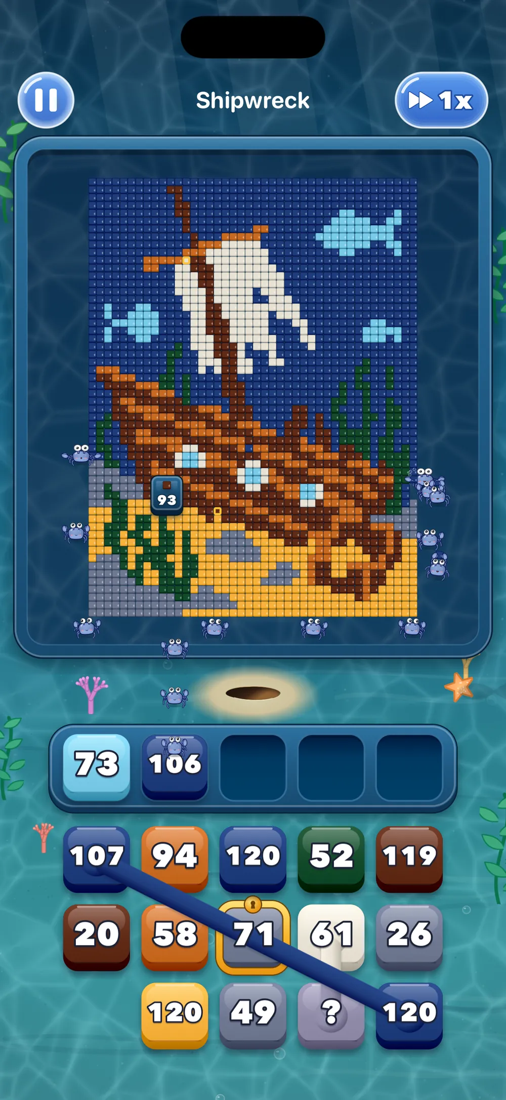 The Shipwreck puzzle, a King Crab round: a sunken ship made of blocks on the dark glass tablet, with little crabs walking in from the edges and numbered orders waiting below