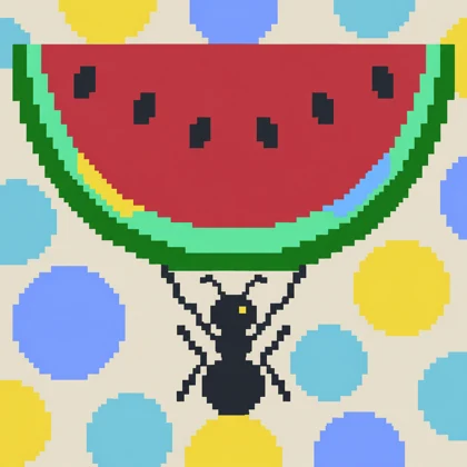 A tiny black ant holding up a big slice of watermelon over a field of yellow and blue dots