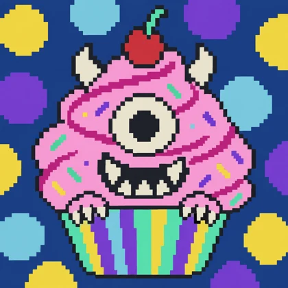 A one eyed pink cupcake monster with horns and a cherry on top, on a dark blue polka dot background